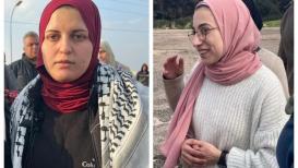 الأسيرتان ياسمين جابر من القدس ودينا جرادات من جنين لحظة الإفراج عنهما من معتقلات الاحتلال اليوم الجمعة